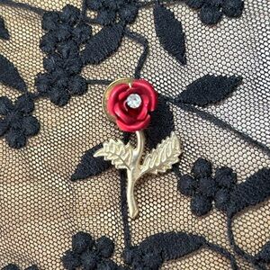 Rose Pin with CZ 1.5” Red and Gold
